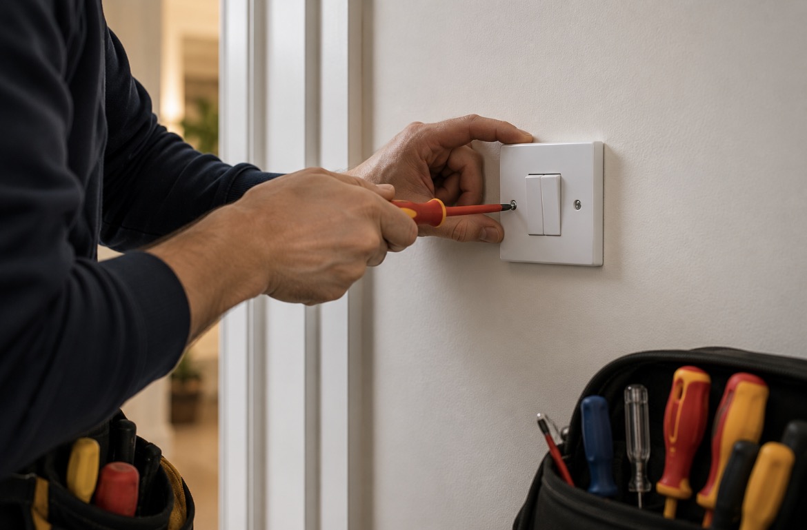 Local electrician fitting a wall switch