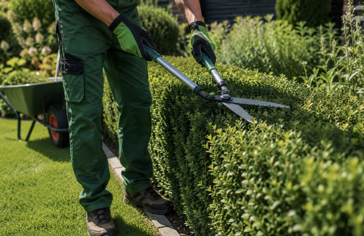 Local gardener trimming a hedge
